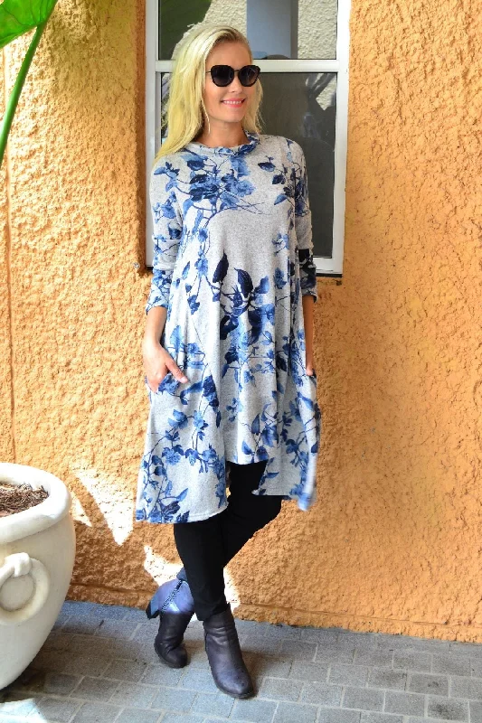 Blue Autumn Leaf Fleece Tunic Dress