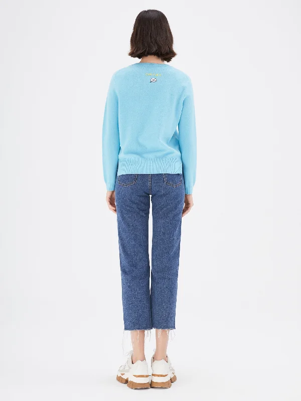 Blue Graphic Embroidered Crewneck Cashmere Sweater