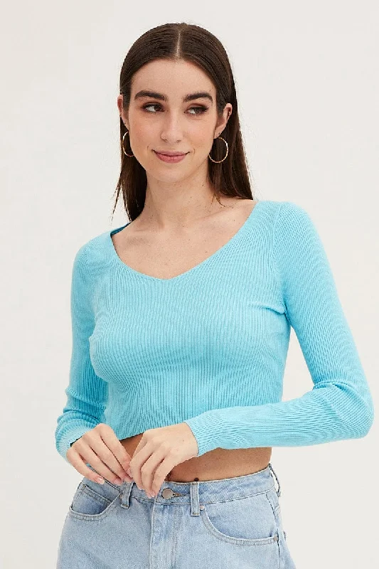 Blue Knit Top Long Sleeve Crop V-Neck