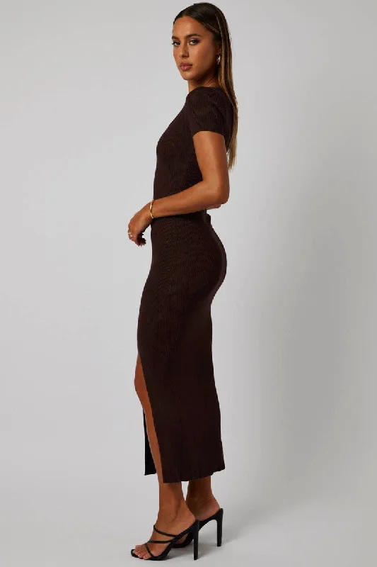 Brown Knit Dress Short Sleeve Bodycon Midi