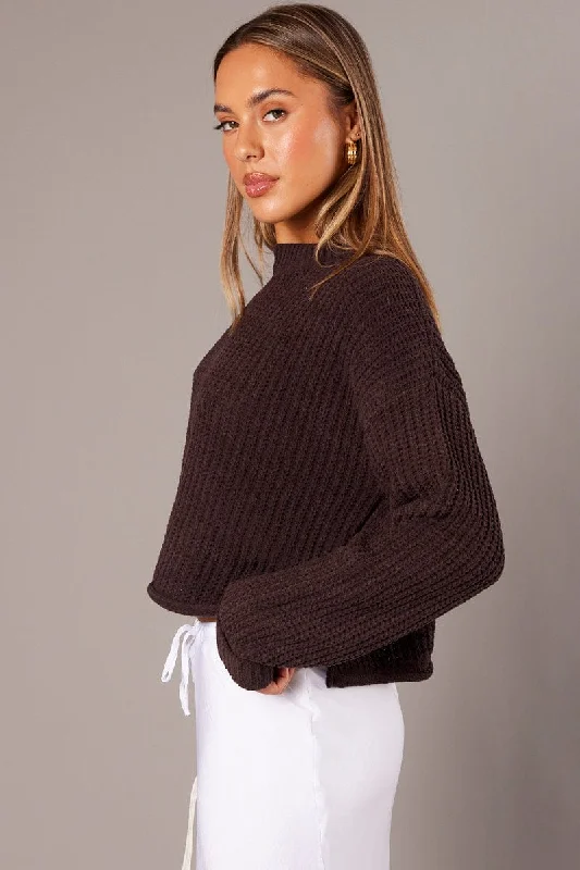 Brown Knit Top Long Sleeve Chenille