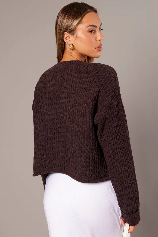 Brown Knit Top Long Sleeve Chenille