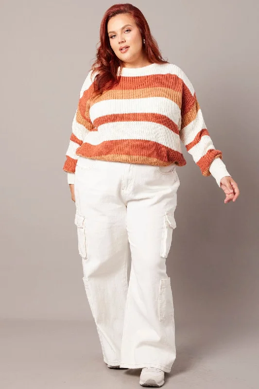 Brown Stripe Stripe Knit Jumper Long Sleeve Round Neck