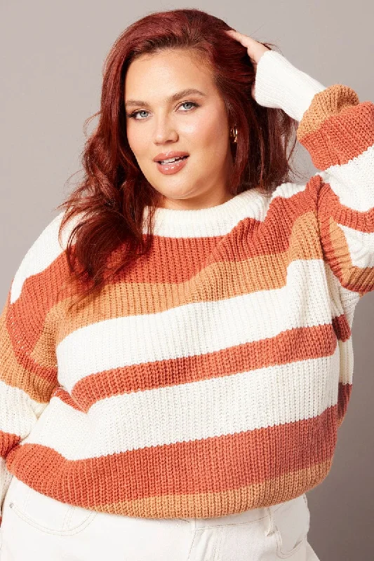 Brown Stripe Stripe Knit Jumper Long Sleeve Round Neck