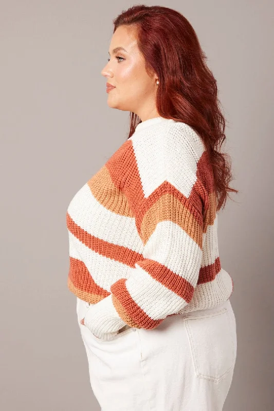 Brown Stripe Stripe Knit Jumper Long Sleeve Round Neck