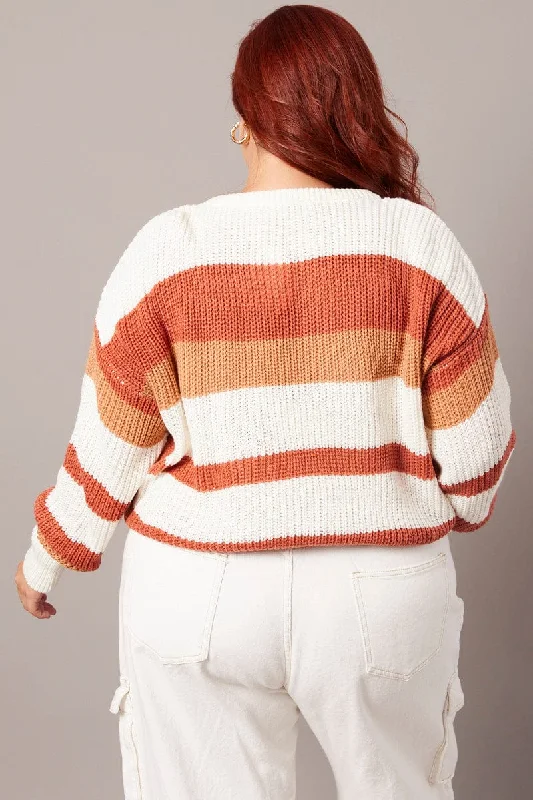 Brown Stripe Stripe Knit Jumper Long Sleeve Round Neck