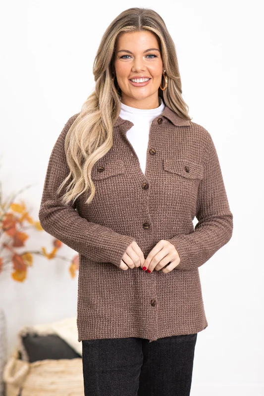 Brown Waffle Knit Sweater Jacket