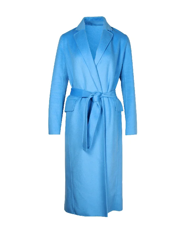 Maje Belted Brushed Felt Coat In Blue Wool