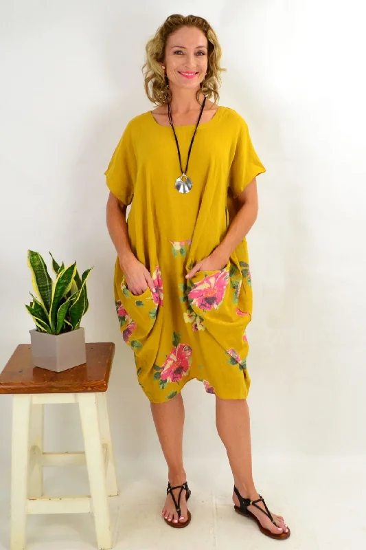 Mustard Hibiscus Floral Tunic Dress