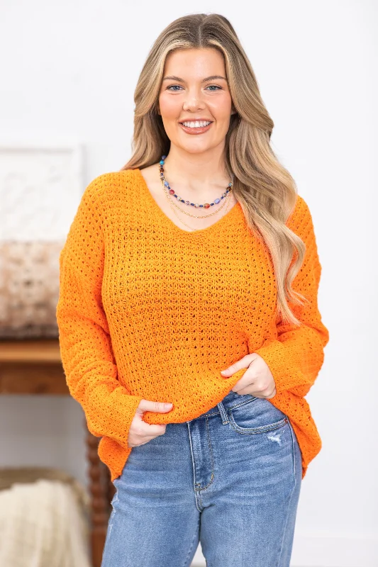 Orange Knitted V-Neck Sweater