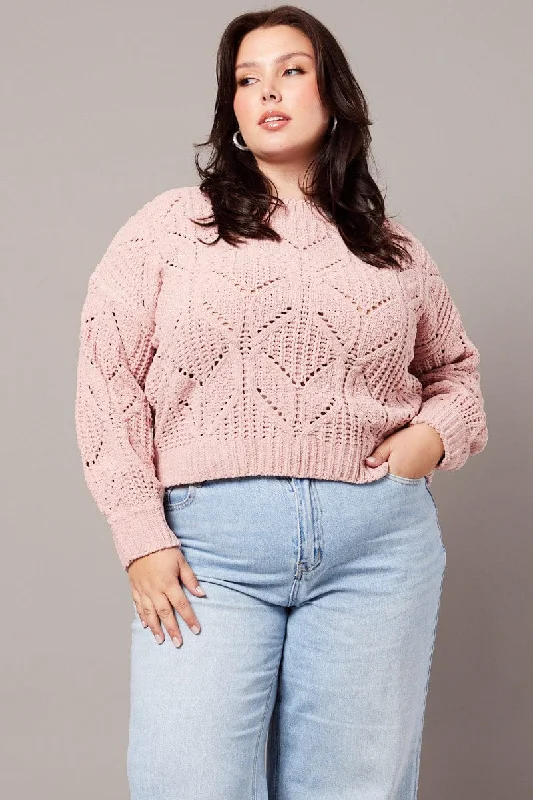 Pink Knit Jumper Long Sleeve Crew Neck Chenille