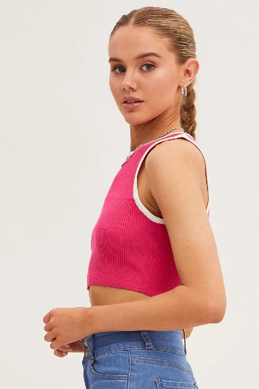 Pink Knit Top Crop Sleeveless Round Neck