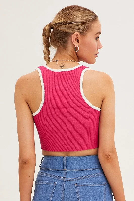 Pink Knit Top Crop Sleeveless Round Neck