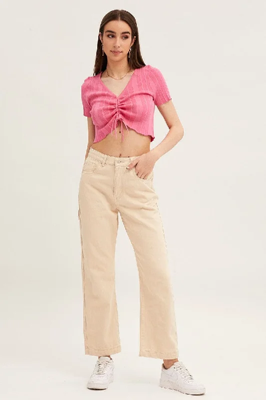 Pink Short Sleeve Ruched Knit Top