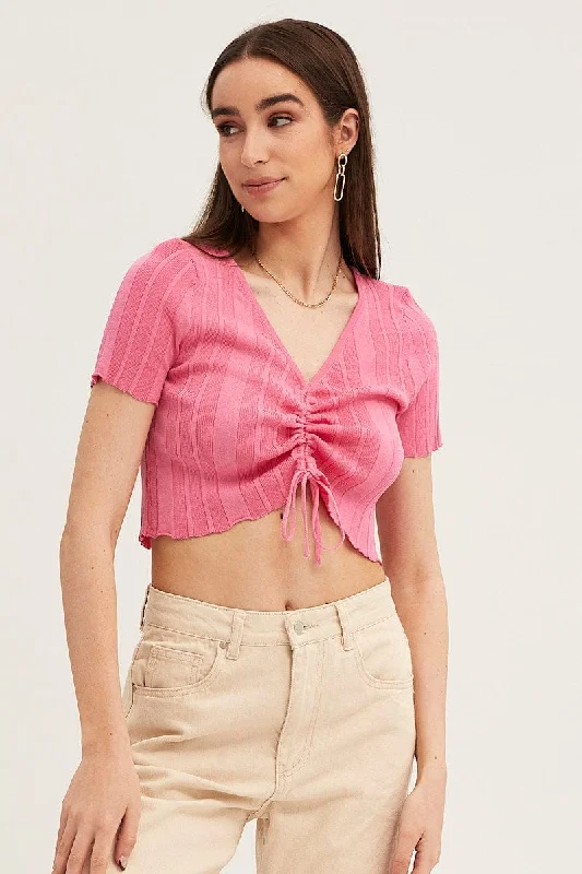 Pink Short Sleeve Ruched Knit Top