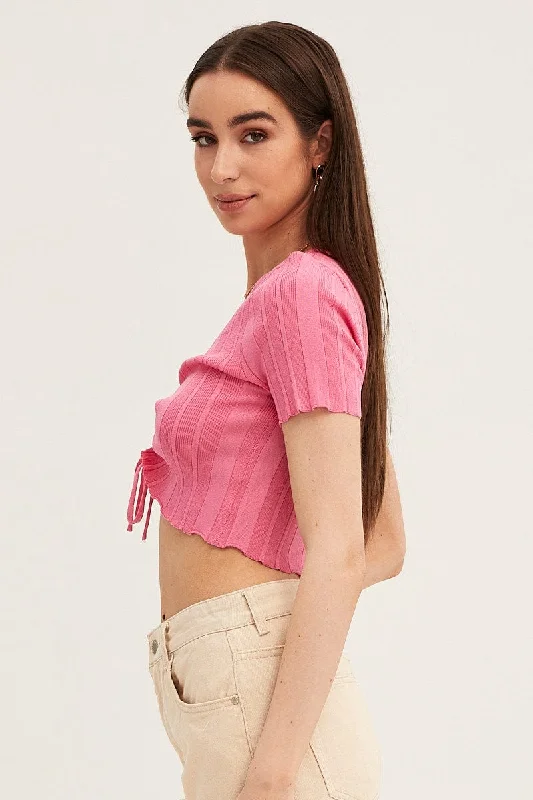 Pink Short Sleeve Ruched Knit Top