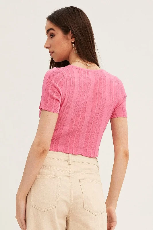 Pink Short Sleeve Ruched Knit Top