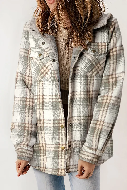 Plaid Pattern Sherpa Lined Hooded Shacket