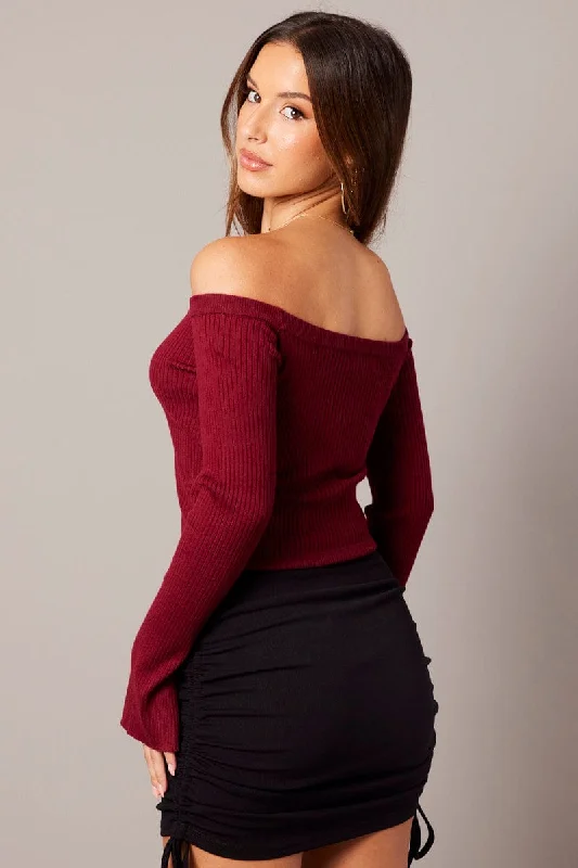 Red Knit Top Long Sleeve Off Shoulder