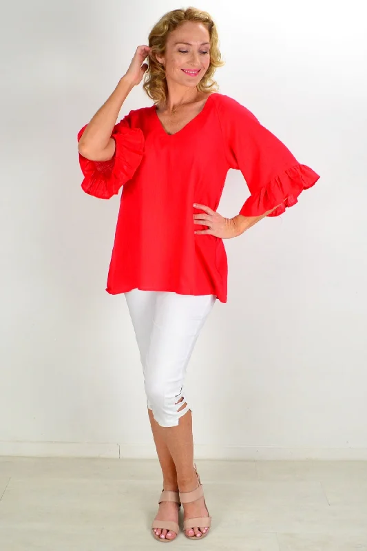 Red Razzle Dazel Ruffle Sleeve Tunic Top