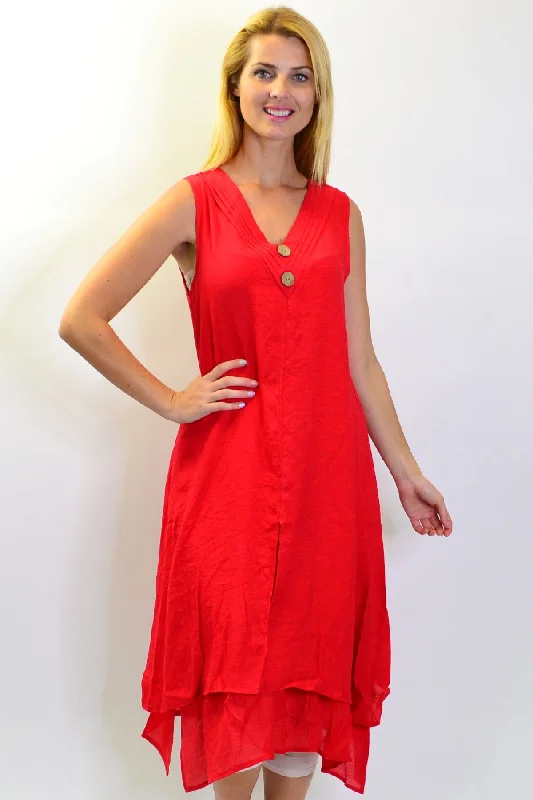 Red Sleeveless Coconut Button Tunic Dress