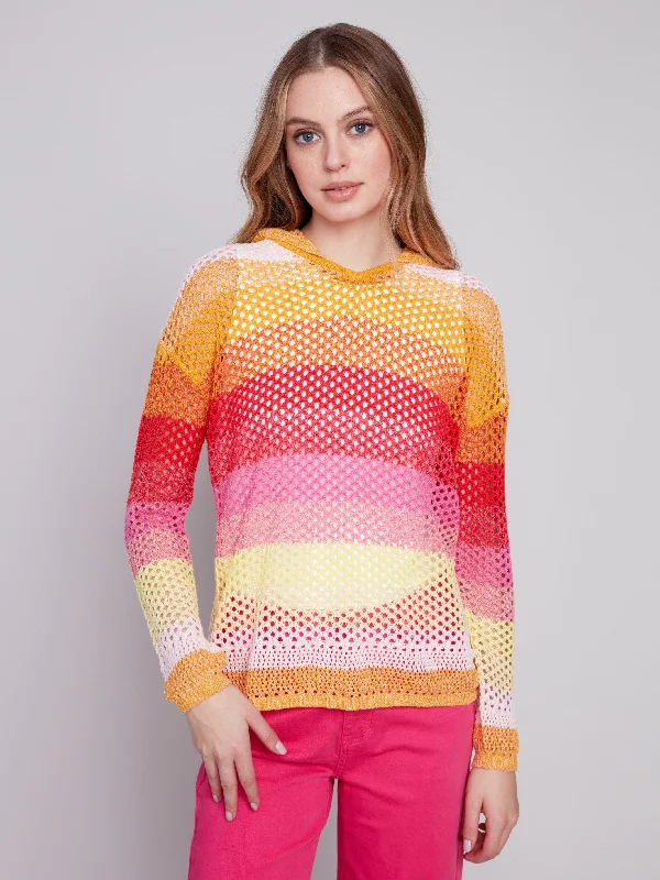 Striped Fishnet Crochet Hoodie Sweater - Punch