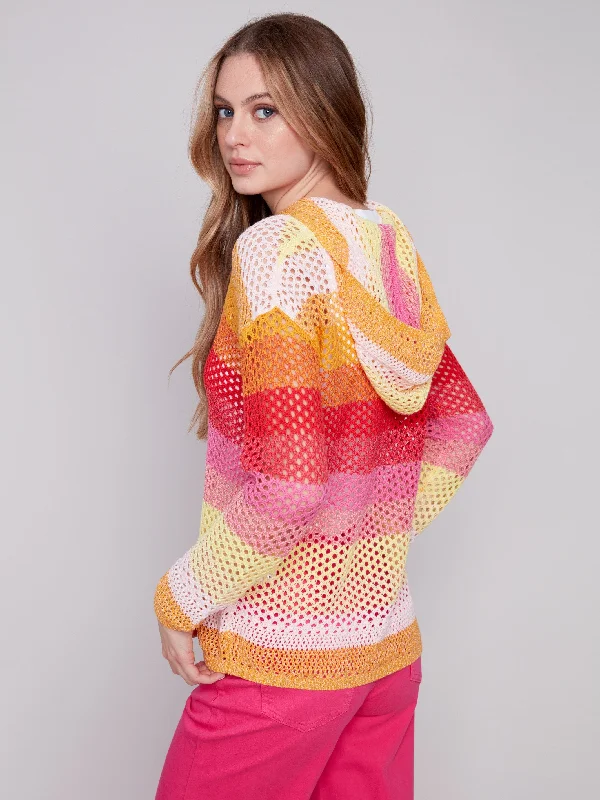 Striped Fishnet Crochet Hoodie Sweater - Punch