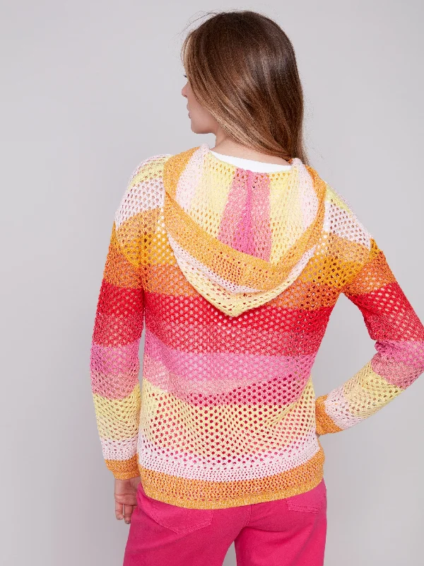 Striped Fishnet Crochet Hoodie Sweater - Punch