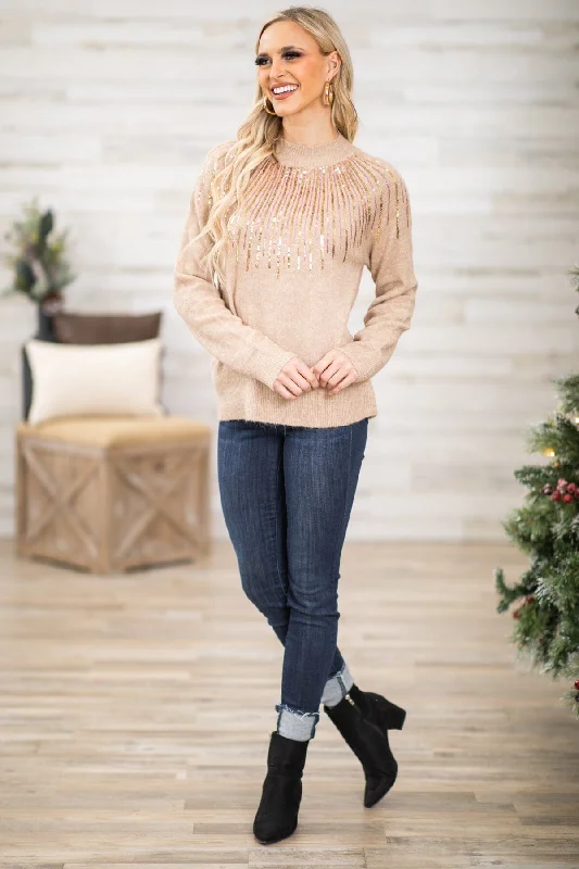 Tan and Rose Gold Sequin Detail Sweater