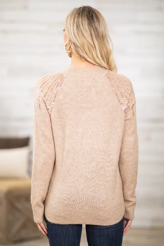 Tan and Rose Gold Sequin Detail Sweater