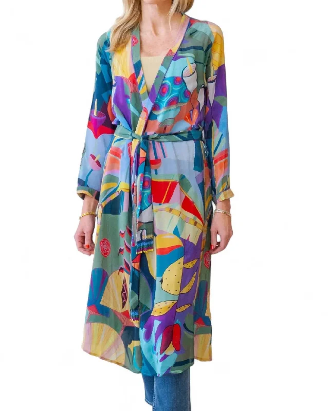 Tropical Scenario Long Kimono In Multicolor