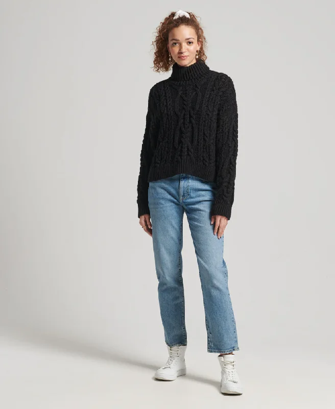 Vintage High Neck Cable Knit Jumper | Black