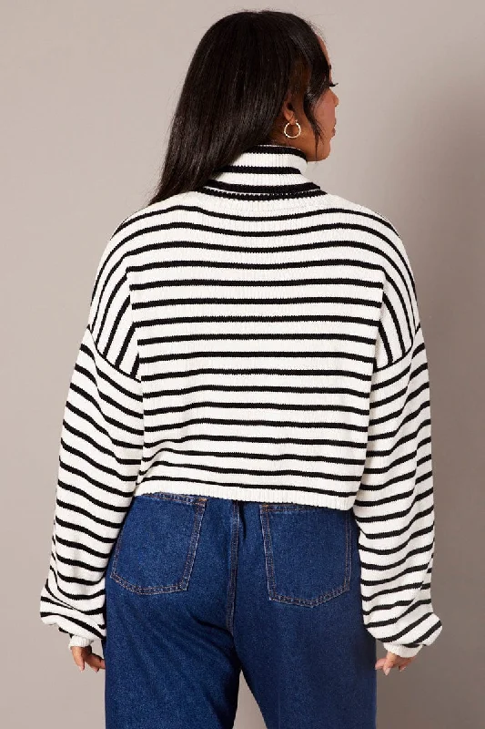 White Stripe Stripe Knit Jumper High Neck