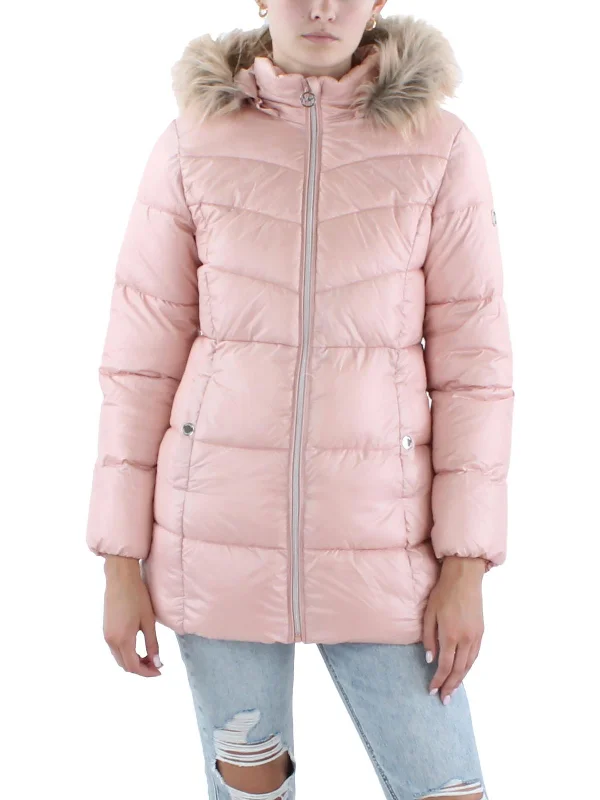 Womens Faux Fur Trim Polyester Puffer Jacket