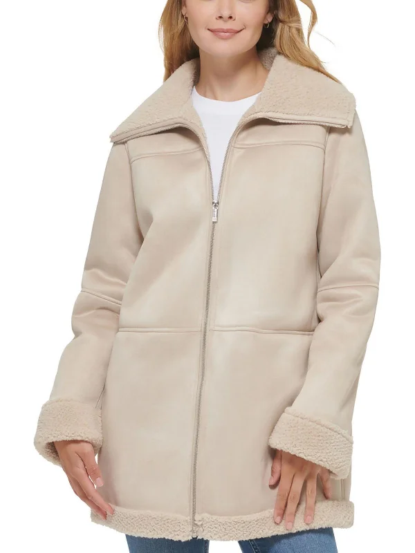 Womens Faux Shearling Trim Heavy Walker Coat