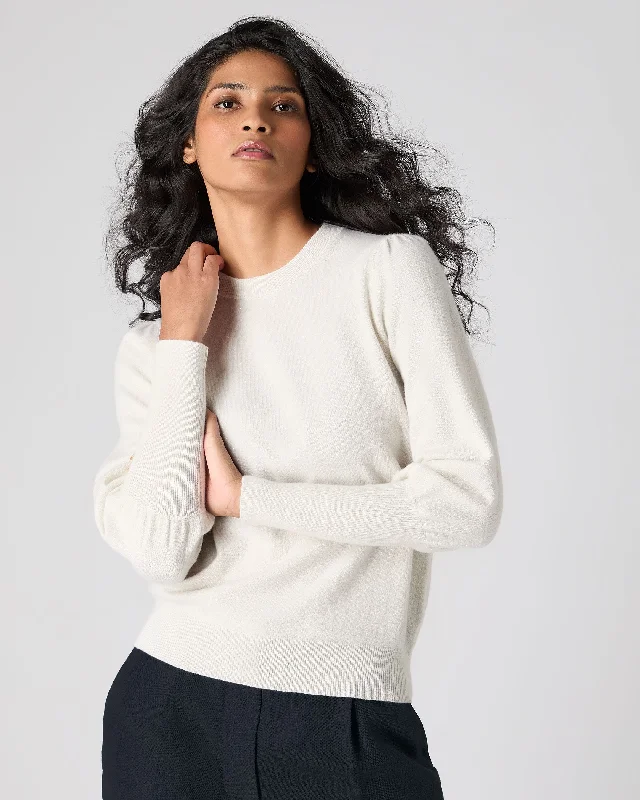 Women's Gathered Sleeve Cashmere Jumper Ivory White Sparkle