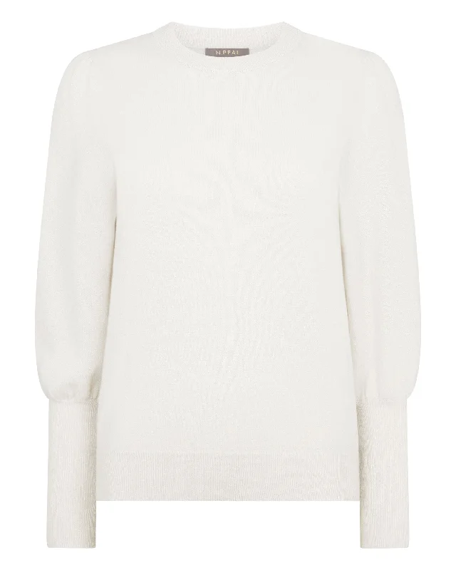 Women's Gathered Sleeve Cashmere Jumper Ivory White Sparkle