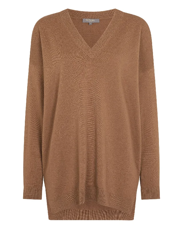 Women's Longline V Neck Cashmere Jumper Dark Camel Brown